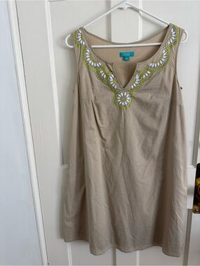 Calypso Beige Tank Dress with White & Lime embellishments